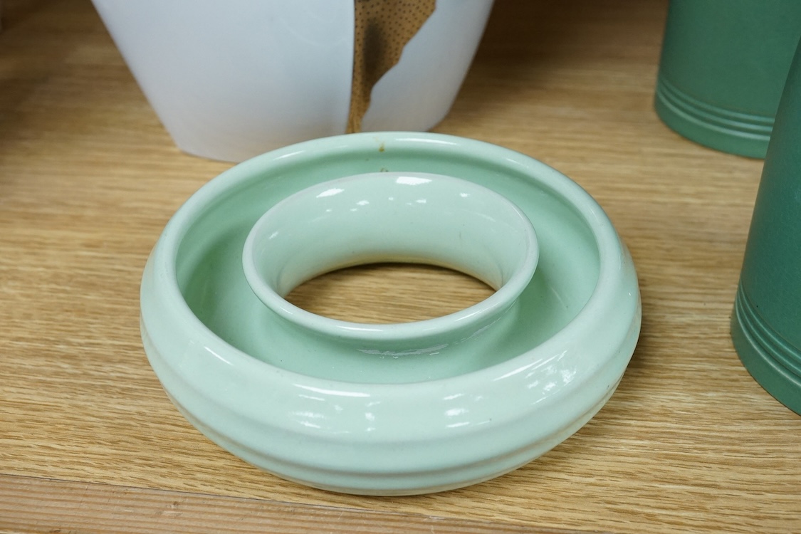 A collection of Rosenthal and Wedgwood pottery to include a pair of Keith Murray mugs, abstract vases and an ash tray, largest 25cm high